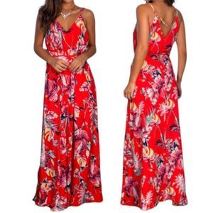 She + Sky Red Tropical Print Maxi Dress with Waist Tie NWT Large